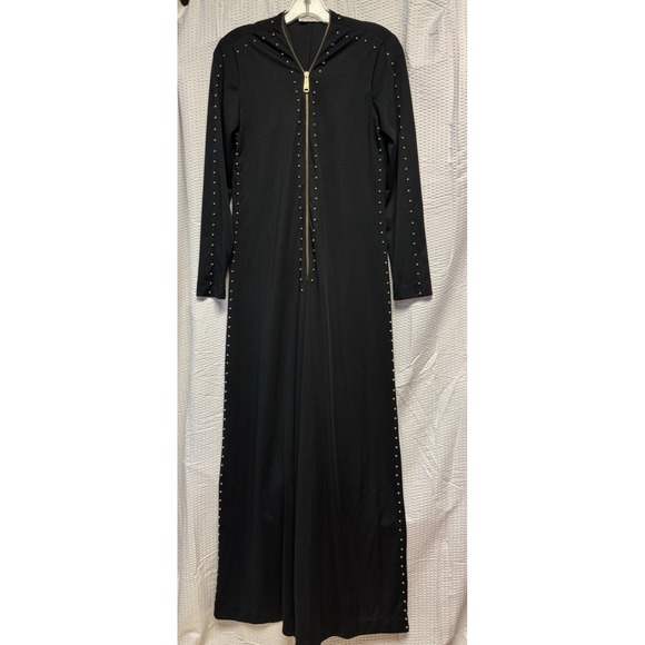 Bernie Bee New York Pants - Vintage 1970s Bernie Bee New York Wide Leg Palazzo Jumpsuit Black Studded Zip MD